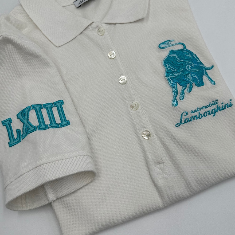 Lamborghini White and Aqua Polo Shirt Ladies SZ M